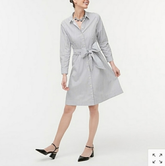 Shirt Dress Tie Waist Cotton Poplin White Denim Stripe - Size 8 - Picture 1 of 9